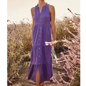Purple Tiered Midi Dress Button Front Sleeveless Cottagecore Boho peasant dress